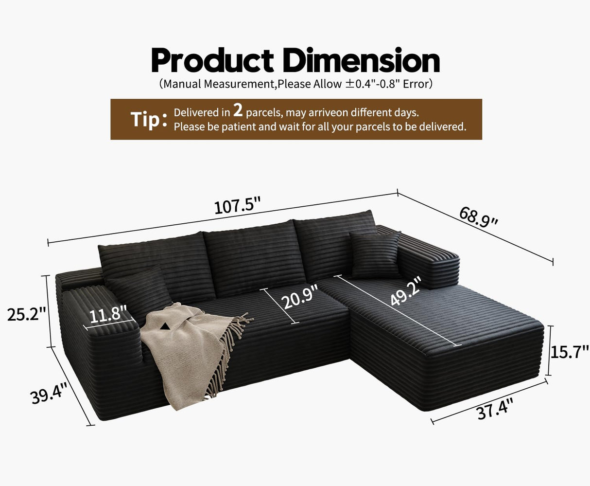 107.5" Cloud Sectional Couch with L-Shape Chaise,Modern Modular Sofa with Deep Seat, Upholstered Couches for Living Room Bedroom Apartments,No Assembly Required, (Black,Right Facing Chaise) Astronovo