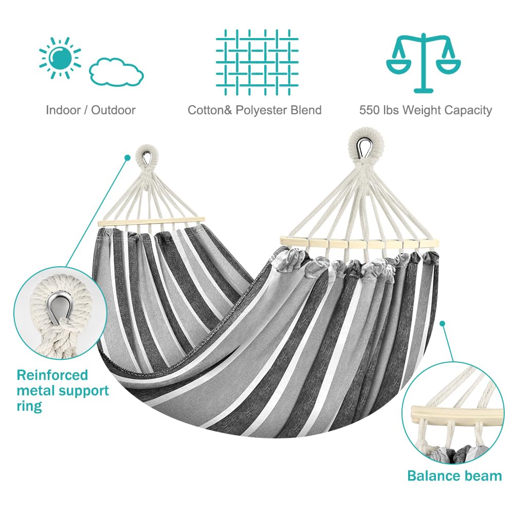 MOSFiATA Hammocks Portable Camping Hammock Upgraded 550lb Comfortable Fabric Hammock with Two Anti Roll Balance Beam and Sturdy Tree Straps for Camping, Patio, Backyard, Outdoor (Gray White) MOSFiATA