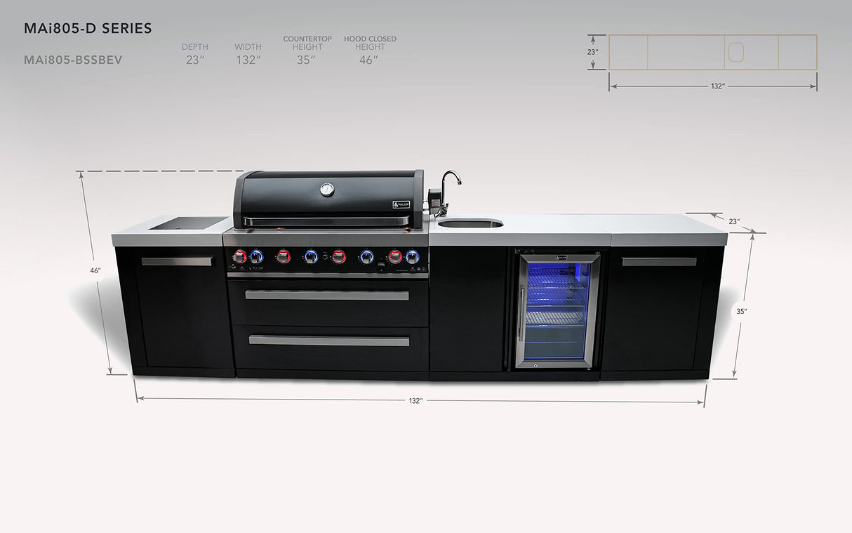 Mont Alpi MAi805-BSSBEV-COMBO 44-inch 6 Burner 115000 BTU Black Stainless Steel Gas Outdoor Kitchen Island Barbecue Grill with Beverage Center + Side Burner Pizza Oven, Charcoal Tray & Griddle Plate Mont Alpi