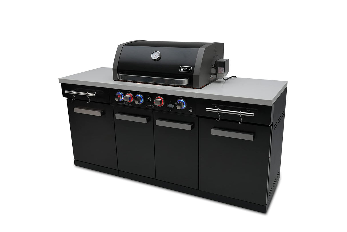 Mont Alpi MA-957 5-Burner 63000 BTU Black Stainless Steel Outdoor Kitchen Bar Gas Island Grill w/Infrared Rear Burner + Rotisserie Kit + Granite Countertop + Storage Cabinets & Full Weather Cover Mont Alpi