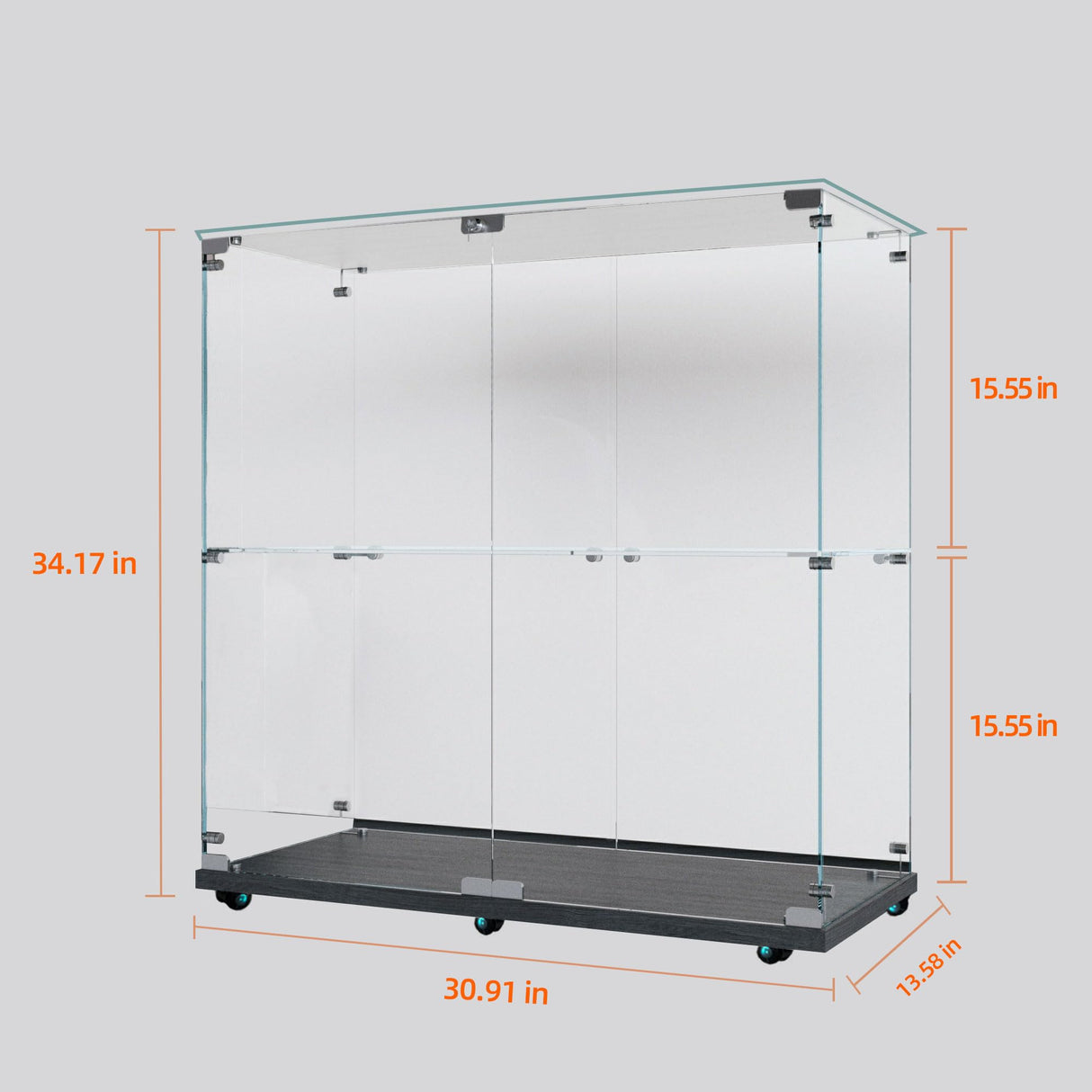 Yoluckea 2 Tiers Glass Display Cabinet with Bluetooth LED Light Strip, 2 Doors Floor Standing Curio Cabinet with Universal Wheel for Home, Black Glass Bookshelf for Collections, Clear Top Yoluckea