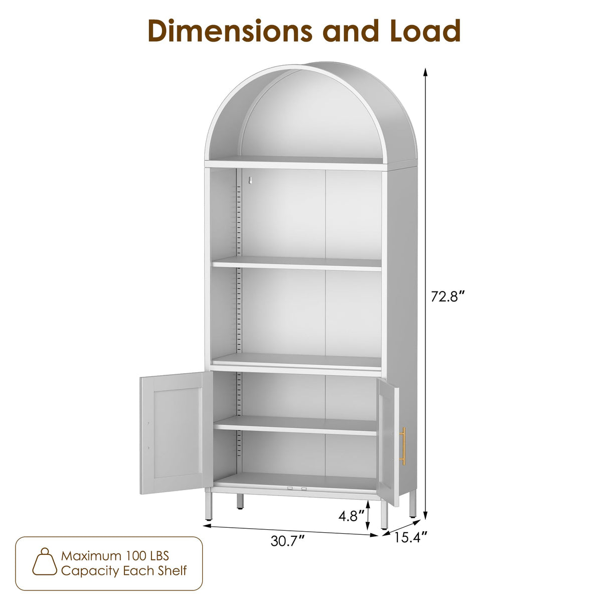 METALYEYE 73" H Metal Arched Cabinet, 5-Tier Arched Bookcase with 2 Doors, Modern Farmhouse Bookshelf with 2 Adjustable Shelves, Kitchen Pantry Cabinet for Living Room, Assembly Required, White METALYEYE