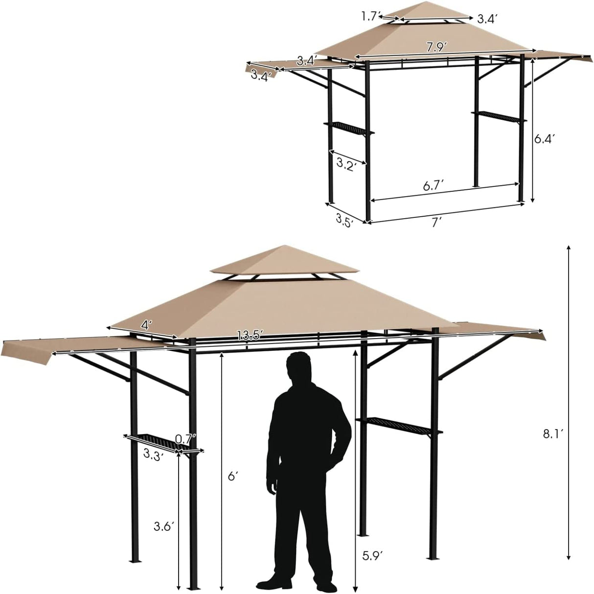 Tangkula 13.5x4 Ft Grill Gazebo with Dual Side Awnings, Double Tier BBQ Gazebo with 2 Side Shelves, Heavy-Duty Steel Frame, CPAI-84 Barbecue Grill Gazebo Shelter for Patio, Garden, Beach, Terrace Tangkula