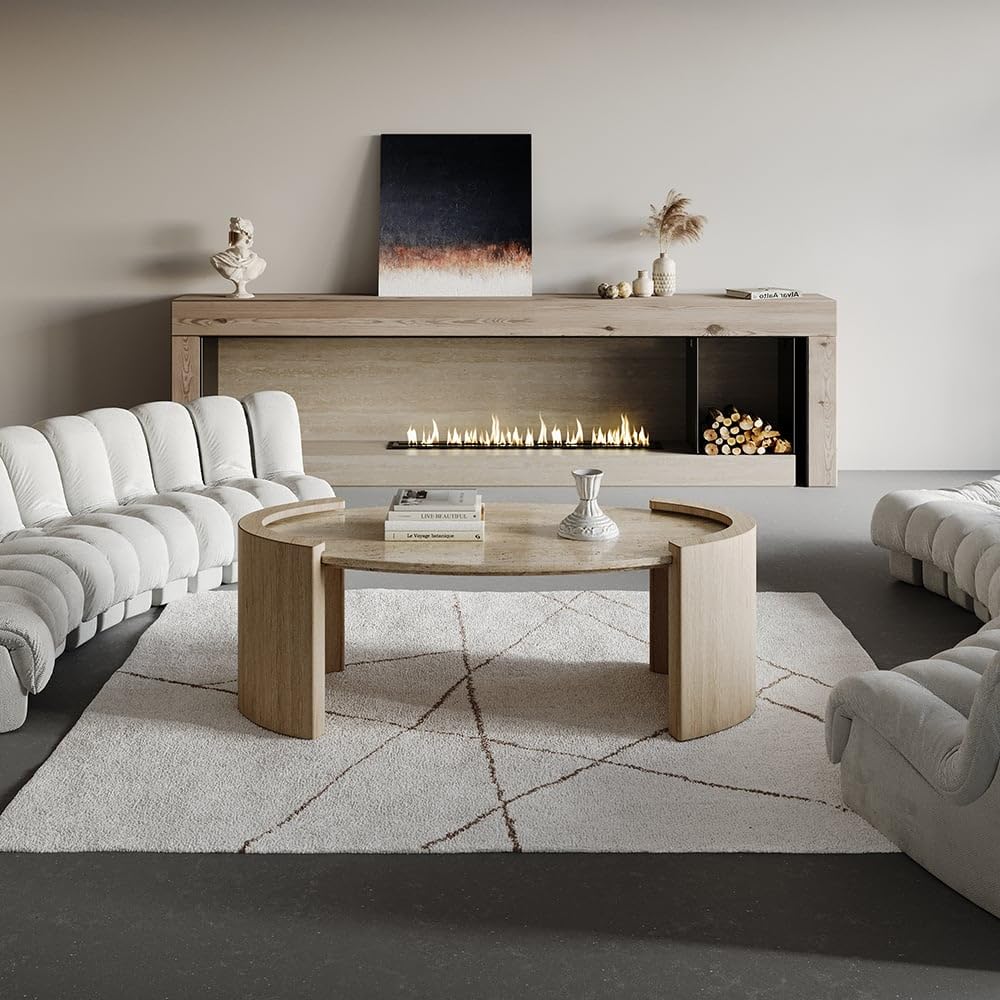 homary 43" Japandi Oval Travertine Stone Top Coffee Table – Double Pedestal Oval Coffee Table with Natural Beige Stone Surface and Engineered Wood Base for Living Room and Lounge homary