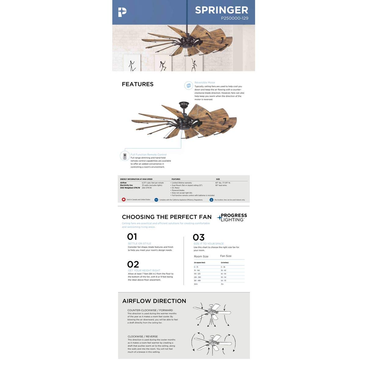 Progress Lighting P250000-129 Springer Collection DC Motor Windmill Farmhouse, 60-Inch, 12-Blade Ceiling Fan, Architectural Bronze Progress Lighting