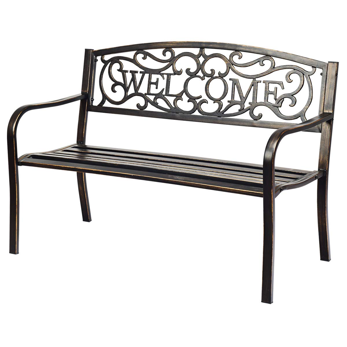 Giantex Garden Bench, Antique Metal Outside Bench w/Warm Welcome Pattern, Elegant Bronze Finish and Durable Metal Frame for Park Yard Porch Chair (Bronze) Giantex