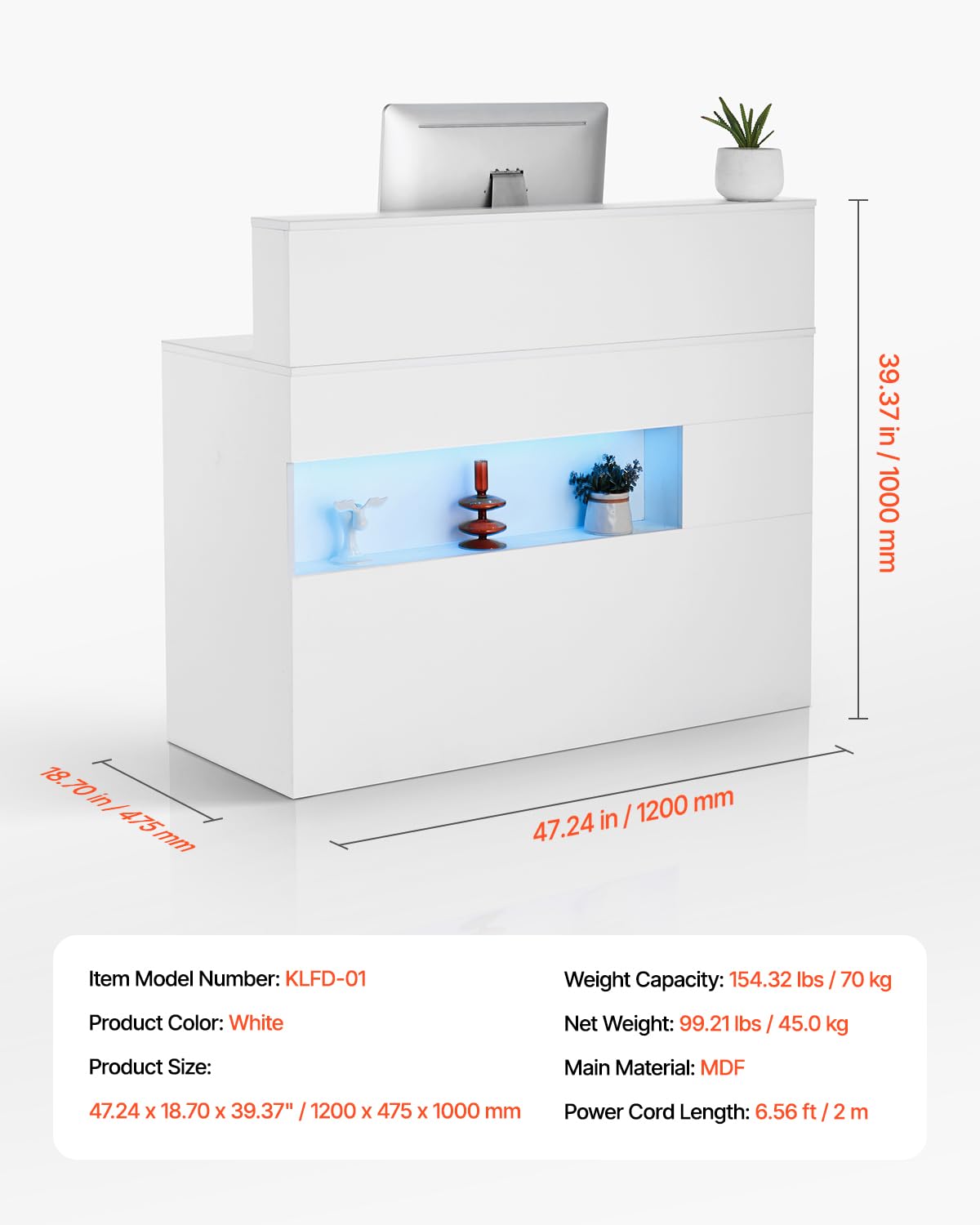 VEVOR Reception Desk, 47 Inch Rectangular Front Counter Table, Office Reception Desk with LED Light, 2 Drawers and Power Outlets, for Checkout, Lobby, Beauty Salon and Office, White VEVOR