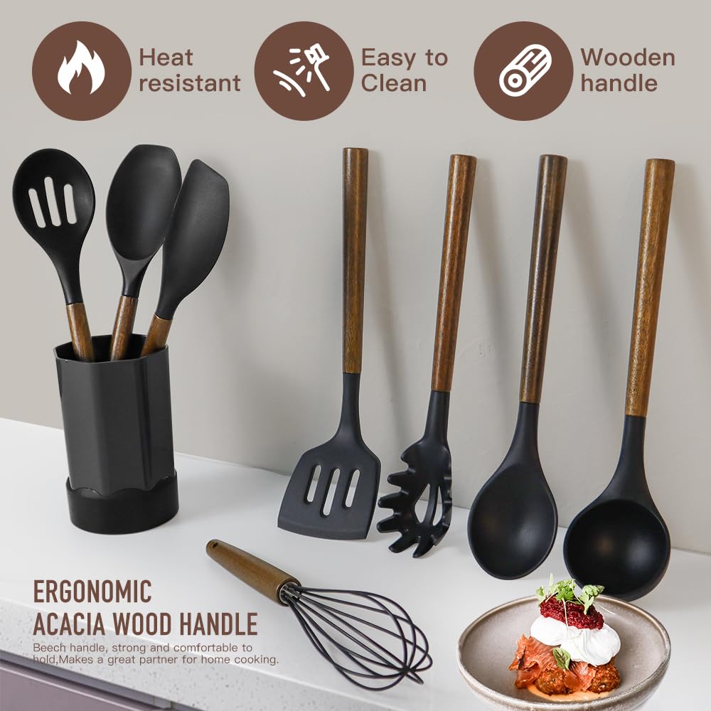 Kitchen Cooking Utensils Set-446°F Heat Resistant Silicone Kitchen Utensils for Cooking-34 Piece Kitchen Set with Natural Acacia Wooden Handles and Holder, BPA FREE for Non-Stick Cookware (Black) BESTZMWK