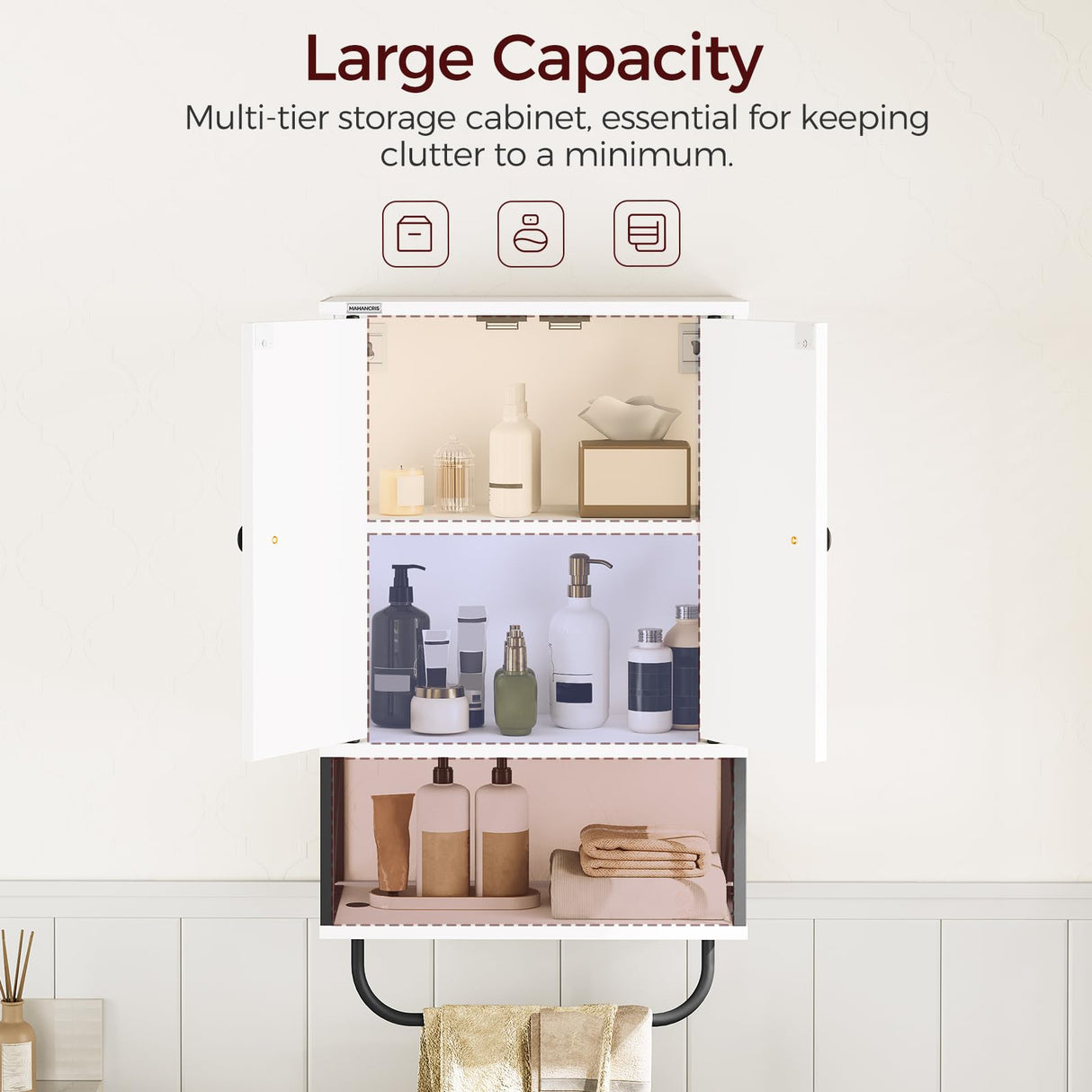 MAHANCRIS Bathroom Wall Cabinet with 2 Door and Adjustable Shelves, Farmhouse Medicine Cabinet with Towel Rack, 3-Tier Wall Mounted Storage Cabinet Over The Toilet for Bathroom Laundry Room, White MAHANCRIS