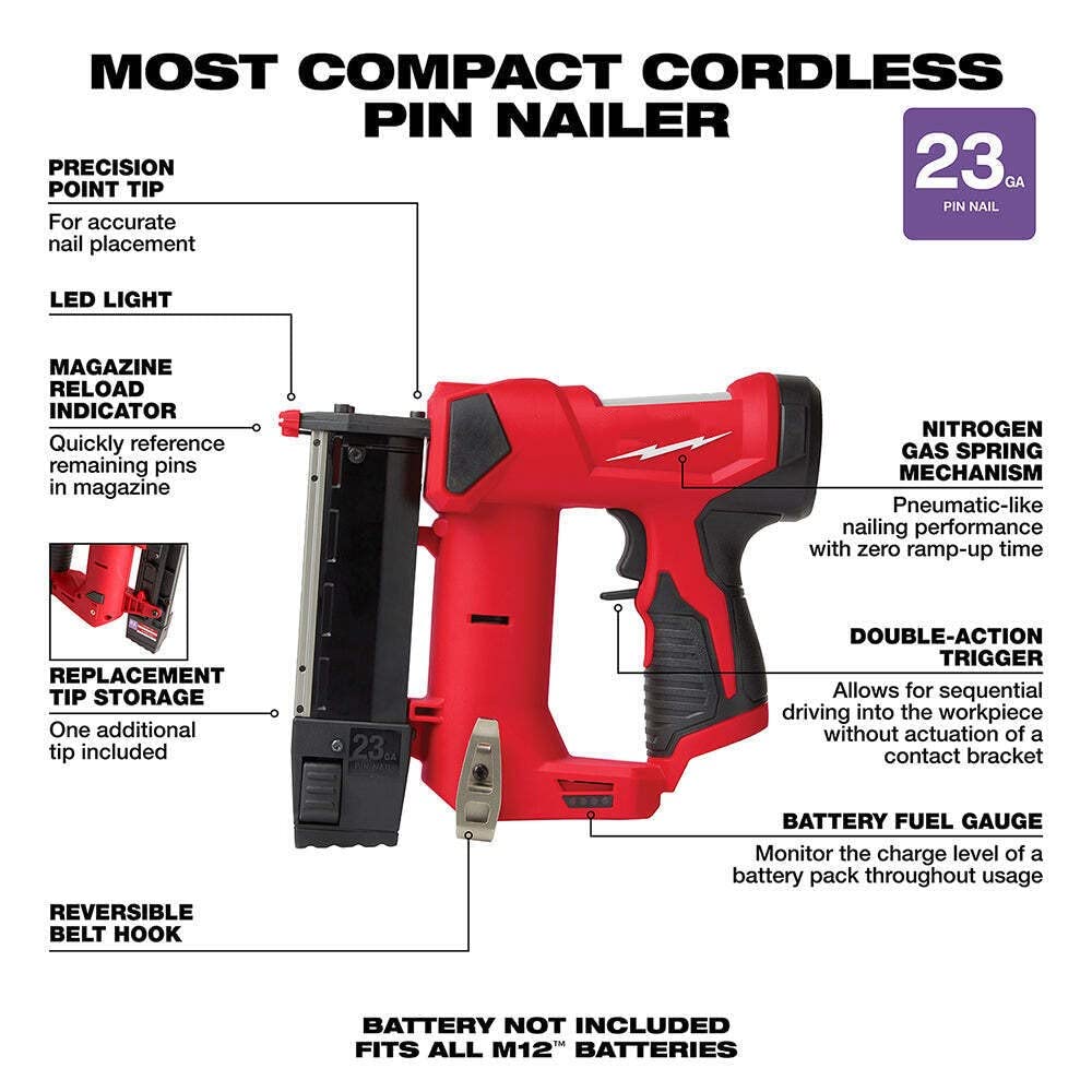 for Milwaukee 2540-20 M12 12V 23 Gauge Compact Cordless Pin Nailer - Bare Tool MGIAONSG