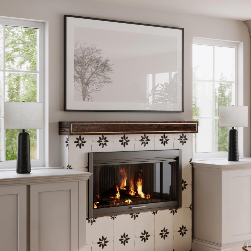 Modern Ember Oak Park 60 Inch Coffee Bean Fireplace Wooden Mantel Shelf with Gold Bronze Metal Trim, Oak Wood, Handcrafted Contemporary Mantel, 60" x 9" x 5" Modern Ember