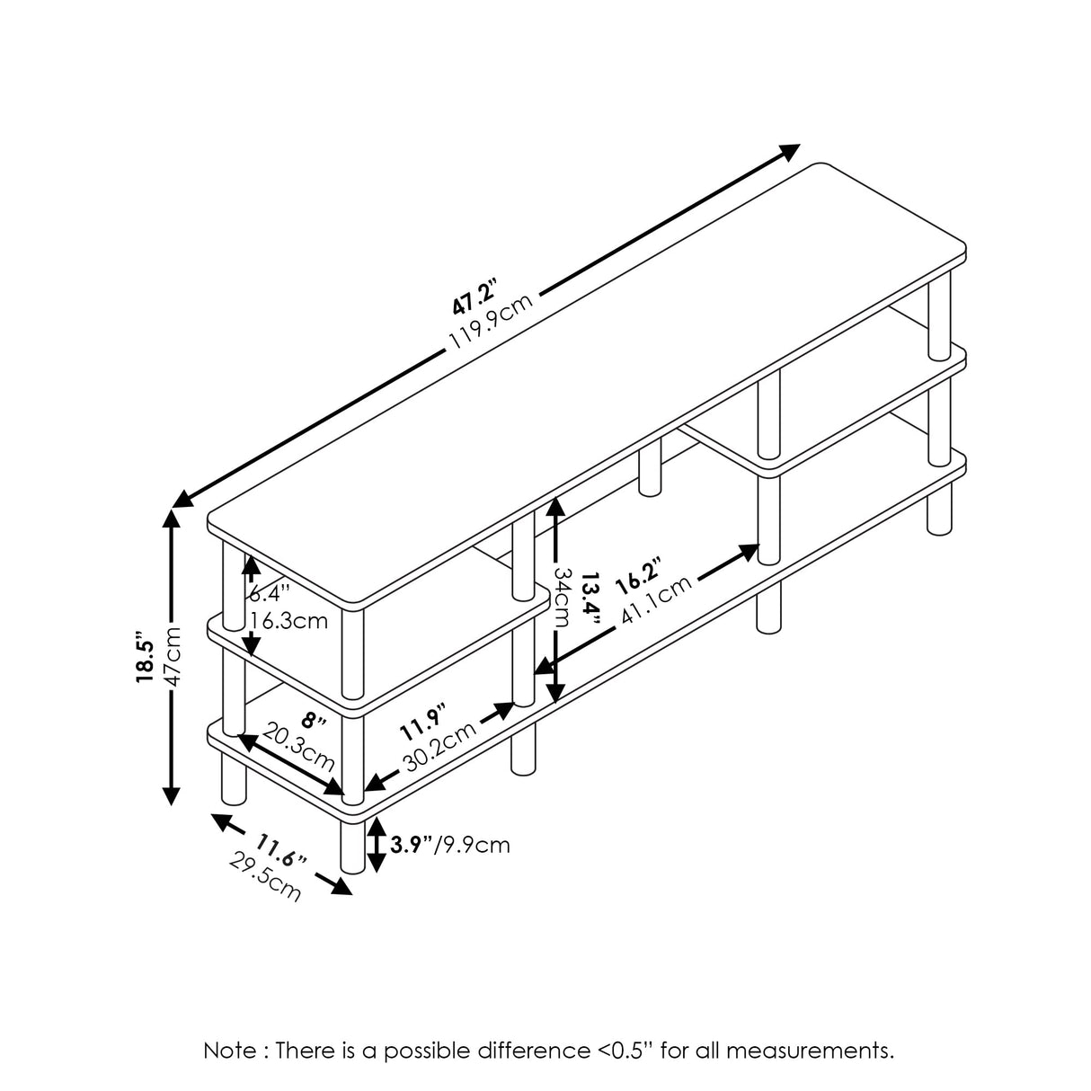 Furinno Turn-N-Tube 3-Tier Multipurpose Wide Shelf TV Stand, French Oak Grey/Black Furinno