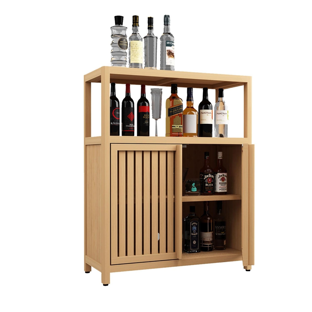 Xmatch Large Capacity Bamboo Bathroom Storage Cabinet with Open Shelf and 2 Doors Xmatch