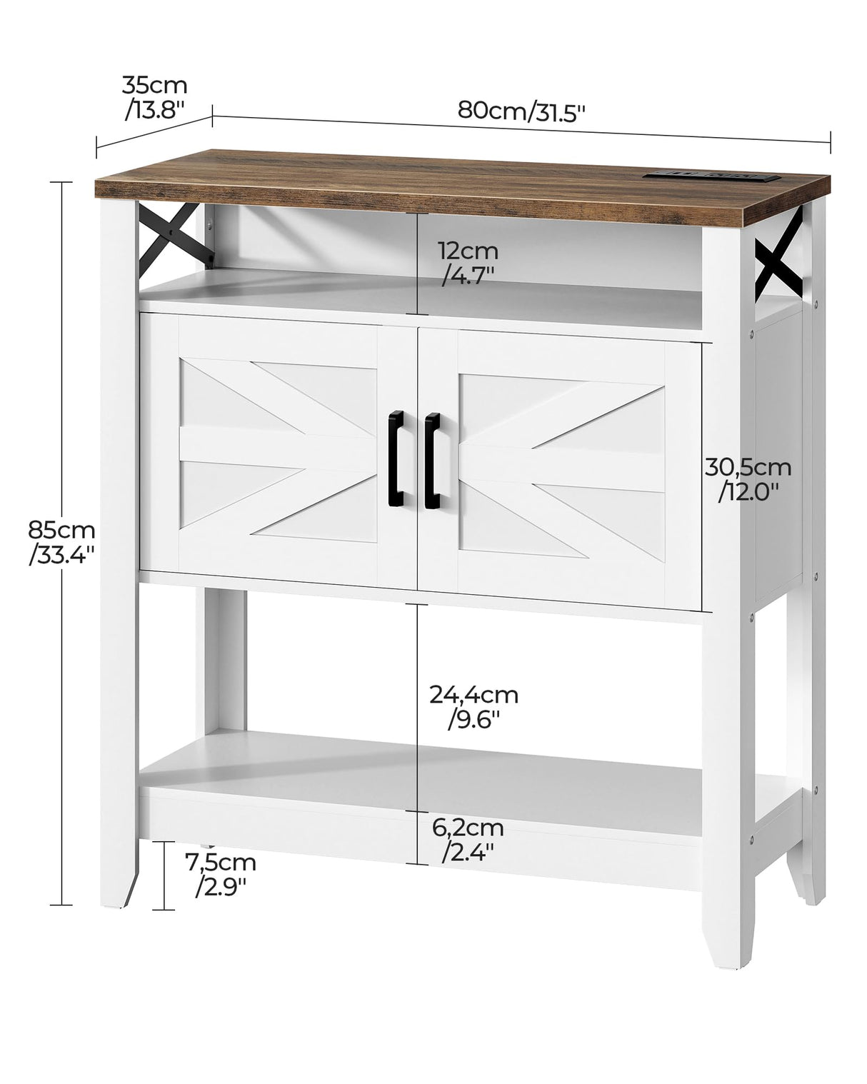 CHOEZON Console Table, Farmhouse Sofa Table with Power Outlet, Entryway Table with Cabinet and Open Shelves, Coffee Bar Cabinet with Storage for Entrance, Hallway, Kitchen, White and Walnut MXG01UWL CHOEZON