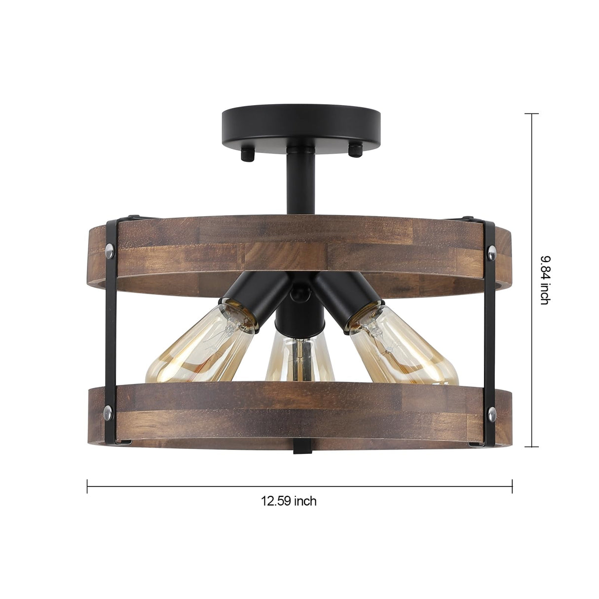3-Light Rustic Farmhouse Wood Flush Mount Ceiling Light Fixture Oak Wood Round Drum Semi Flush Mount Ceiling Light for Hallway Hall Entry Bedroom Farmhouse Indoor, Black RKUCSR