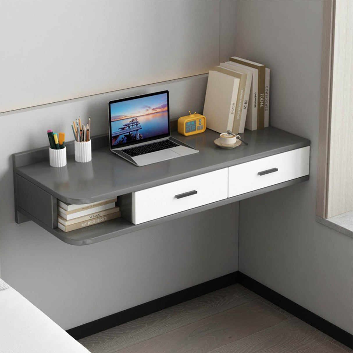 Floating Dressing Table with Drawers, Wooden Laptop Computer Desk,Space Saving Makeup Vanity Storage Cabinet,Wall Mounted Nightstand Bedside Table for Bedroom Living Room(80x40cm(31x16inch), B) SUZEPER