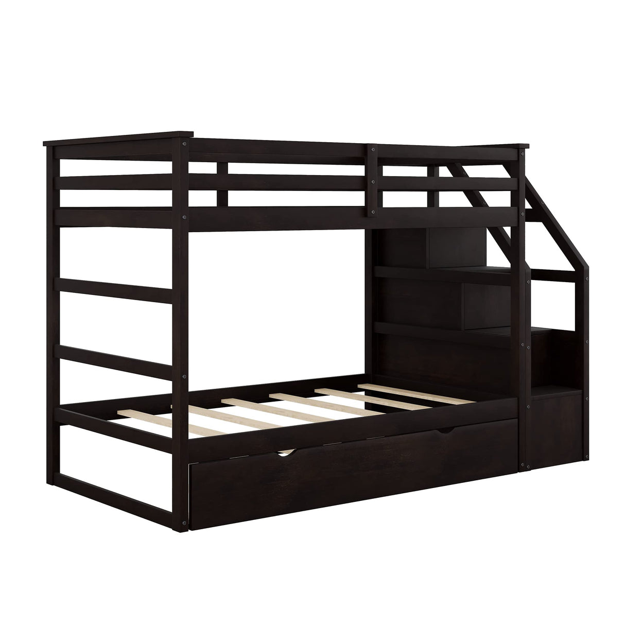Harper & Bright Designs Twin Over Twin Bunk Beds with Trundle,Wooden Twin Size Bunk Bed Frame with Stairs, Kids Bunk Bed with Storage for Family,Teens,No Box Spring Needed,Espresso Harper & Bright Designs