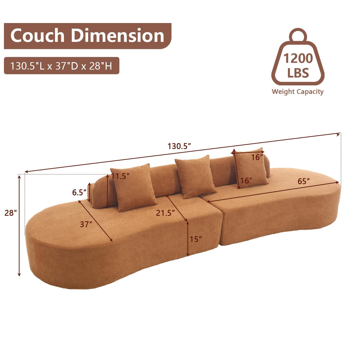 Suheww 130.5” Modern Curved Floor Combination Sofa, Curved Sectional Sofa Couch for Living Room, Deep Seat 4-Seater Oversized Terrycloth Fabric Sofa with 3 Pillows for Apartment Bedroom Office(Brown) Suheww