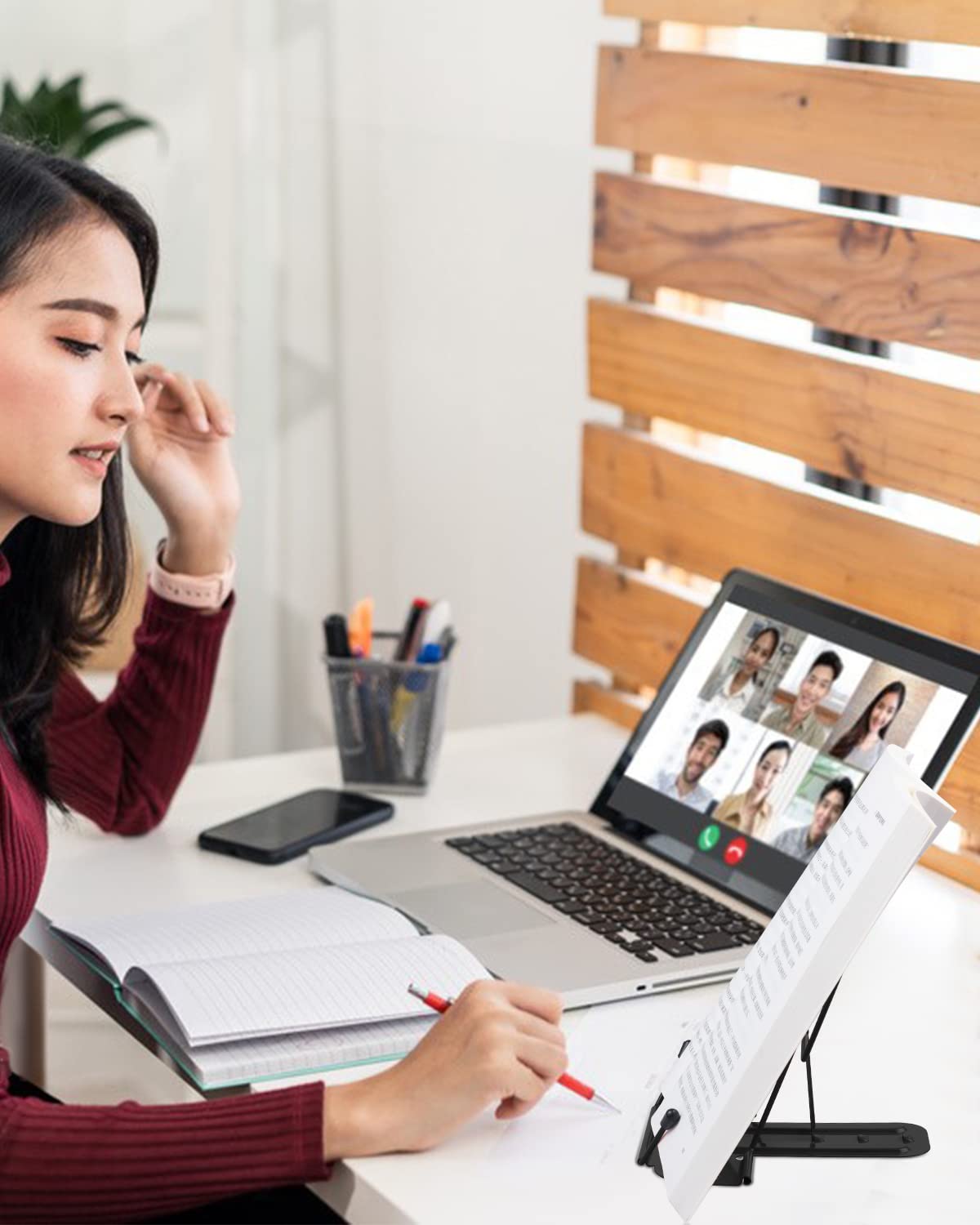 MSDADA Metal Book Stand for Desk, Adjustable Reading Rest Book Holder, Portable Cookbook Documents Holder, Sturdy Typing Stand for Recipes Textbooks Tablet Music Books with Page Clips (Black) MSDADA