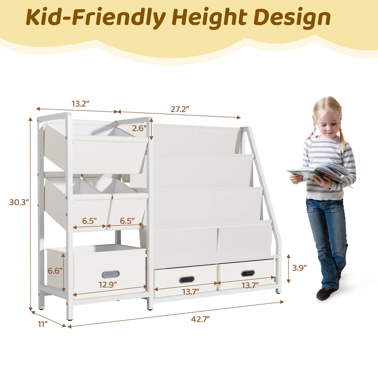 KIDINIX 3 Tier Kids Bookshelf and Toy Storage - Sling Book Shelf with Toy Organizer, Montessori Toddler Bookcase with 6 Toy Bins, for Playroom, Children Room, Nursery, Classroom, White KIDINIX