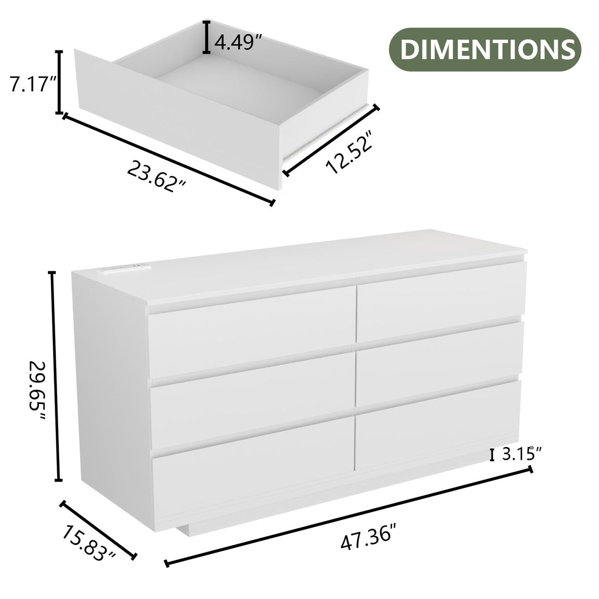 Gyfimoie 6 Drawer Dresser with Power Outlet, Floating White Dresser Chest of Drawer with LED Light,Modern Double Wide Drawer Organizer Cabinet for Bedroom,Living Room (White) Gyfimoie