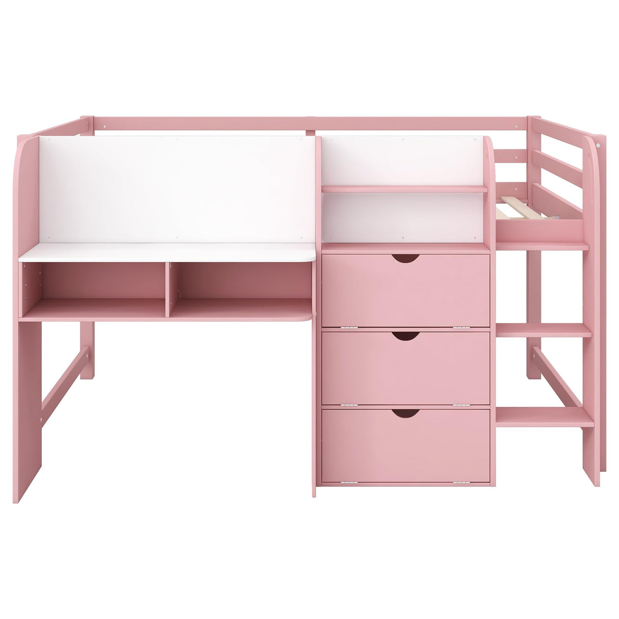 Bellemave Full Size Low loft Bed for Kids,Wood Modern Farmhouse Full Loft Bed with Desk, Storage Cabinets,Bookcase, No Box Spring Needed, Pink Bellemave