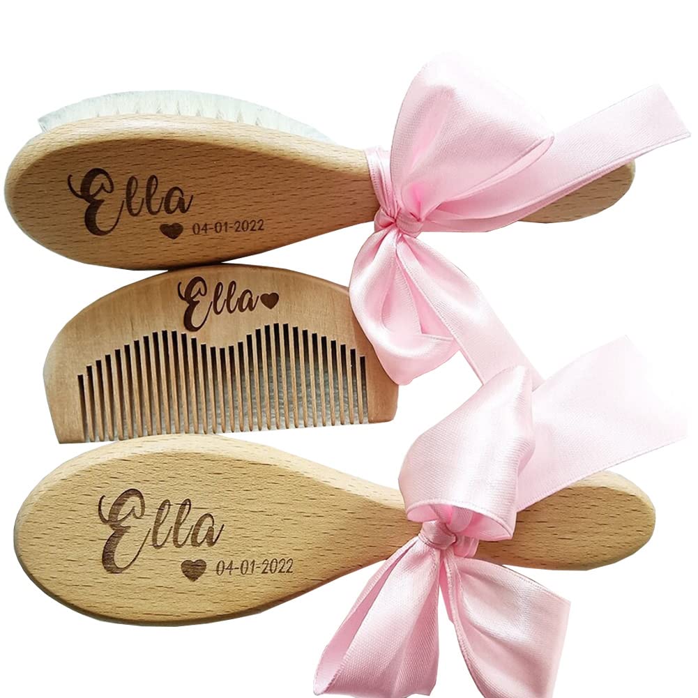 3Pcs Personalized Wooden Baby Hair Brush and Comb Bristles,Custom Newborn Baby Soft Hair Baby Gift auysolty