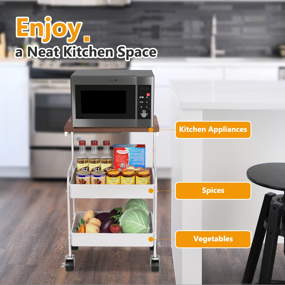 HIDODO Rolling Cart with Wooden Tabletop, 3 Tier Metal Utility Cart, Rolling Storage Organizer Cart with Lockable Wheels for Kitchen, Office, Bedroom (White) HIDODO