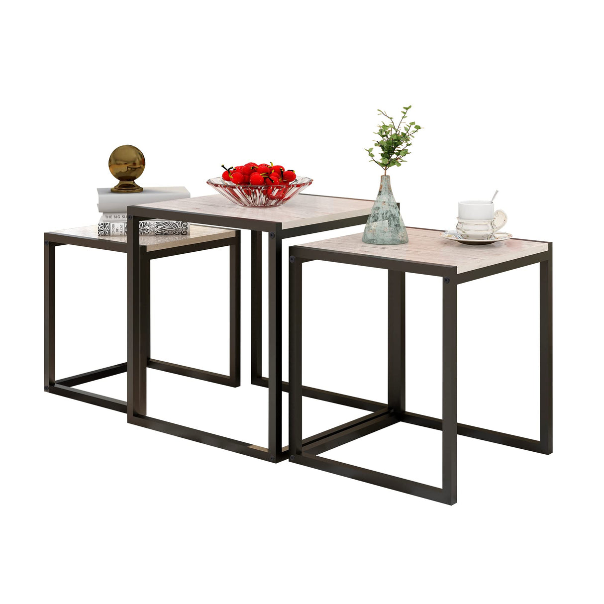 HAHRIR Nesting Table Set of 3 Side Tables, Modern Coffee Table Stacking End Table with Metal Frame,Oak HAHRIR