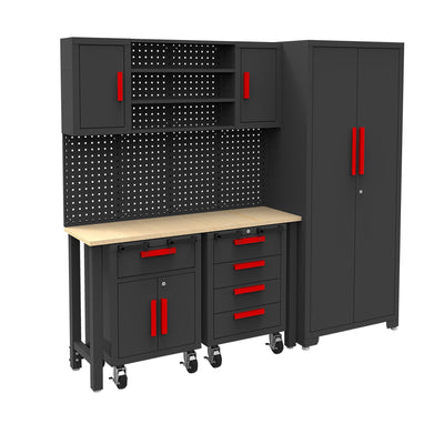 Torin 6 Piece Garage Cabinets Storage System: Includes Steel Cabinets, Drawers, Rolling Chest and Pegboard, Garage Workbench with Storage - Perfect for Organizing Garage and Tools, Black