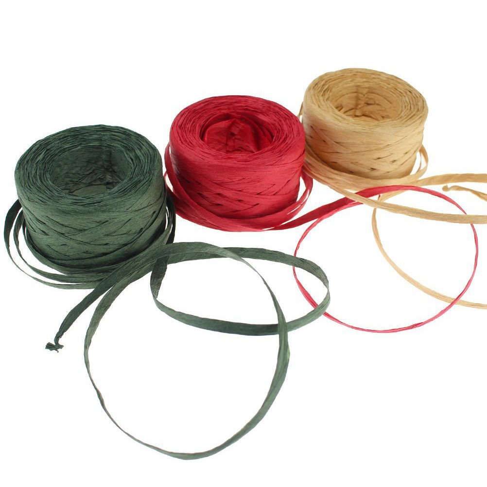 CREATRILL 3 Rolls Red Green Kraft 1/4" by 492 Feet Raffia Ribbon/String, 164 Feet Each Roll, Packing Paper Twine for Christmas CREATRILL