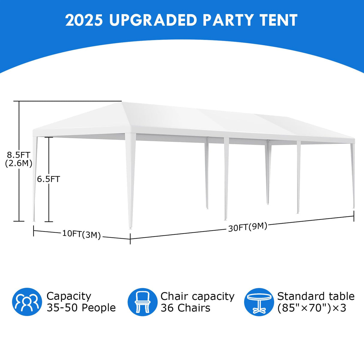 2025 Upgraded 10'x30' Party Tent, Outdoor Tents for Parties, Wedding, Birthday, Large Canopy Tent with Walls and Transparent Windows, White Event Gazebo Tent for Backyard, Garden, Patio, 8 Sidewalls ELOMBR