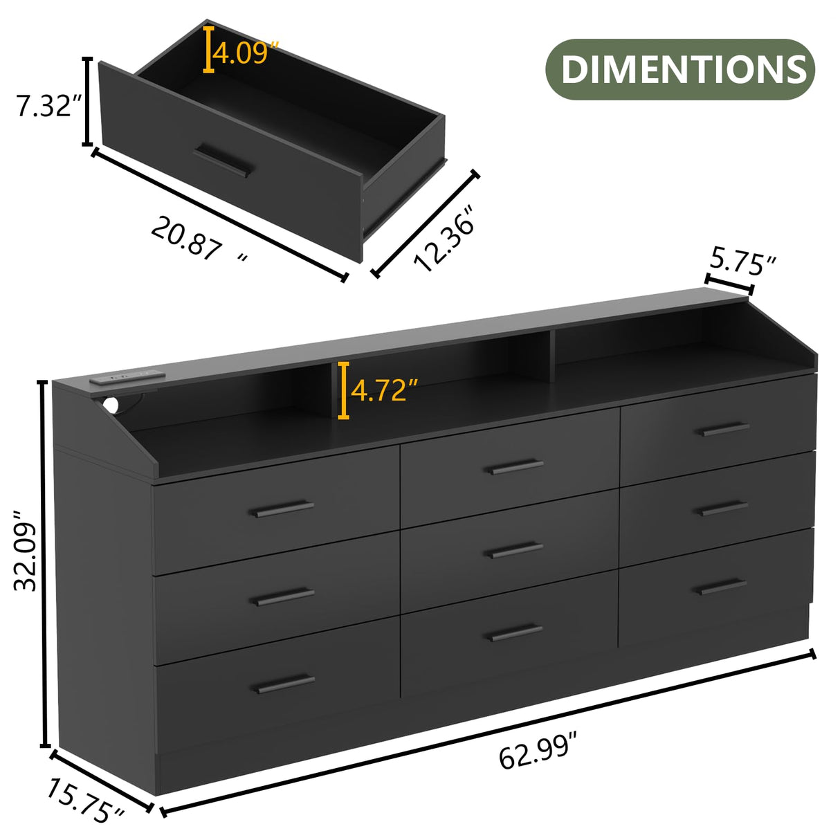 Gyfimoie 9 Drawers Dresser for Bedroom with Power Outlet, Chest of Drawers with LED Light, Modern Dressers with Open Storage Cubby, Triple Wide Dressers Organizer for Living Room (Black-) Gyfimoie