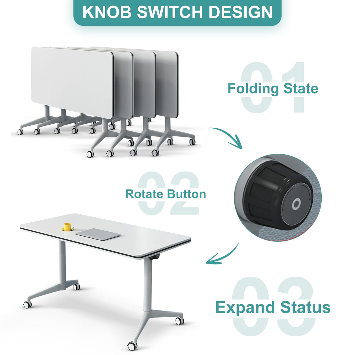 Conference Table, Folding White Flip Top Mobile Training Table with Silent Wheels,Modern Rectangle Meeting Seminar Table, Conference Room Tables for Office Training Classroom (4pcs, 55 inch) Goakwwuz