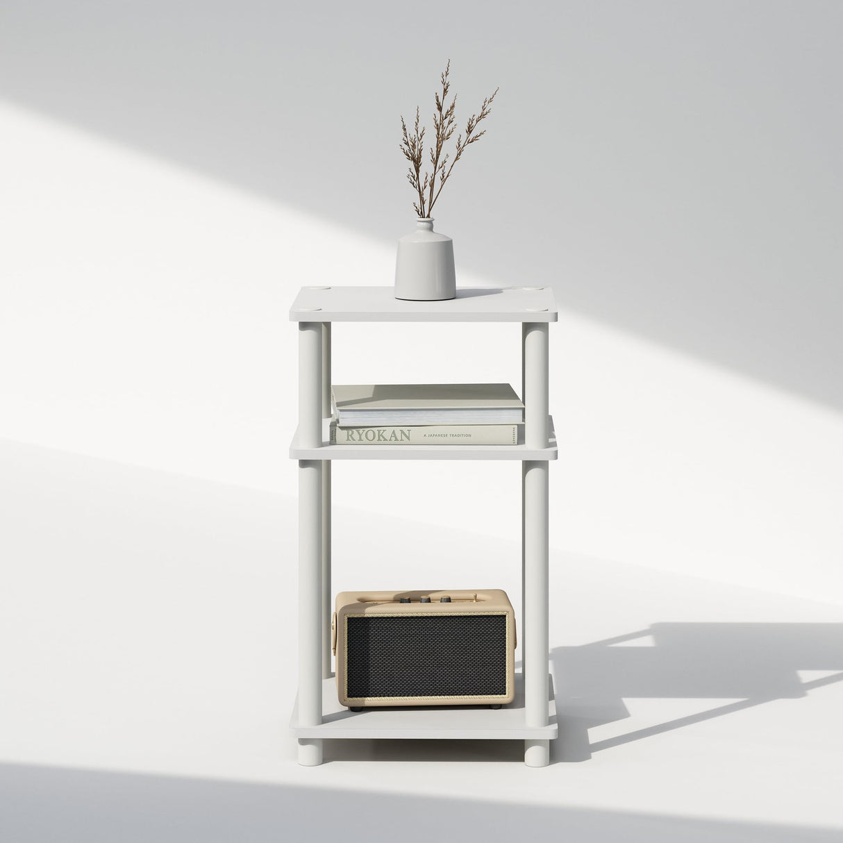 Furinno Just Turn-N-Tube Open Storage Nightstand, 1 Pack, 3-Tier, White/White Furinno