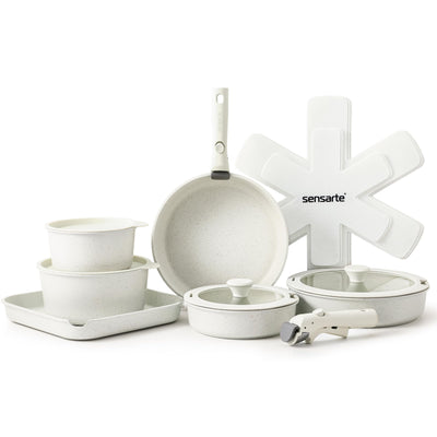 SENSARTE 17 Piece Pots and Pans Set, Nonstick Detachable Handle Cookware, Induction Kitchen Cookware Set with Removable Handle, Healthy Non Stick RV Cookware, Dishwasher & Oven Safe, PFOA Free (White)