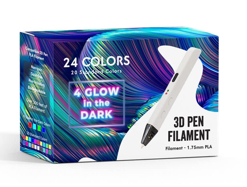 24 Colors 3D Pen Filament. Includes 20 Vibe Colors and 4 Glow in Dark Colors. 10 Feet, 1.75mm Each. PLA Kids Safe Refill INKjetsclub