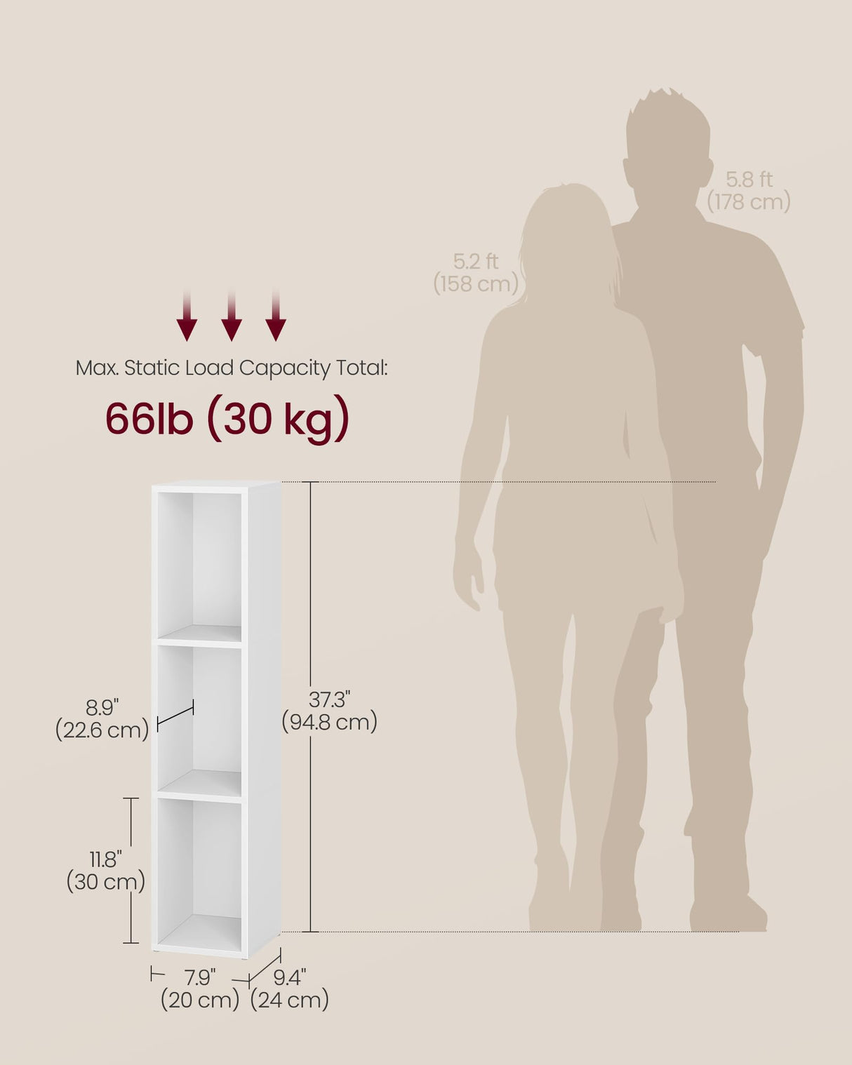 VASAGLE Custos Collection - Bookshelf, 3-Tier Bookcase, Book Shelf, Open Storage Shelf, 9.4 x 7.9 x 37.3 Inches, for Living Room, Home Office, Dining Room, Cloud White ULBC523W01 VASAGLE
