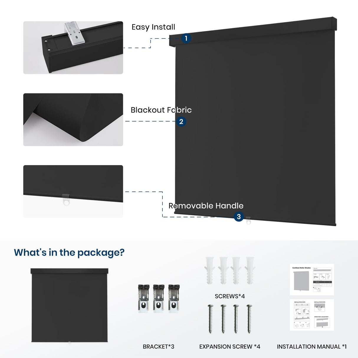 100% Blackout Roller Shades Cordless Blinds for Indoor Windows,Free-Stop Window Shades Pull Down,Thermal Insulated Fabric UV Protection,Blackout Window Guard Blinds for Home,Office,Black,34" W x 72" H Dephora