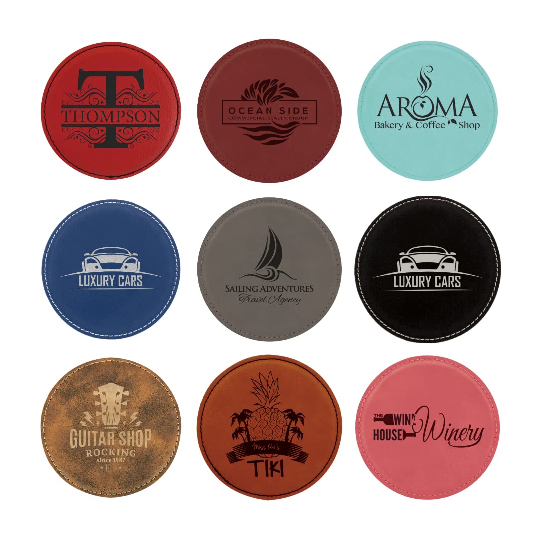 Custom Engraved Coasters | Personalized Leather Coaster | Set of 6 | Drink Coasters with Holder | Laser Engraved | Tabletop Protection | Gift for Couples (Round 4", Dark Brown w/Black) AMERICAN PERSONALIZED