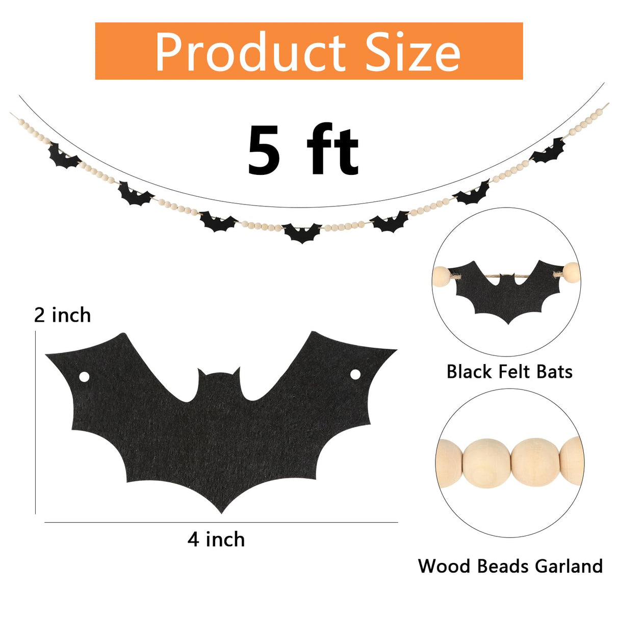 Halloween Decorations-Black Felt Bats Wood Beads Garland for Halloween Decorations Indoor- Farmhouse Felt Banner for Fireplace Mantel Walls FestalMart