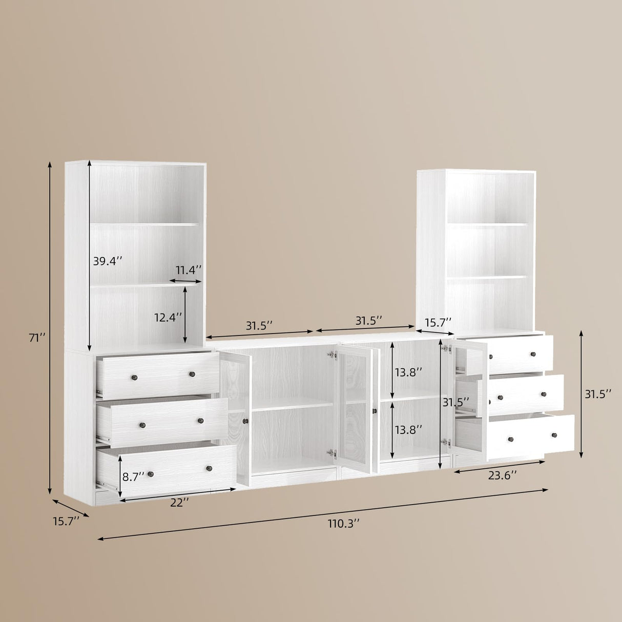 TUSY 4-Piece Large TV Stand with Bookshelves for TVs up to 75", TV Entertainment Center Media Center with Tempered Glass Doors and Shelves, TV Hutch for Living Room (White) TUSY
