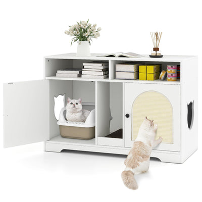 Tangkula Double Litter Box Enclosure, 43 Inch Hidden Litter Box Furniture with Shelves, Removable Scratching Board, 2 Sisal Mats, Large Enclosed Cat Box Enclosure for 2 Cats (White)