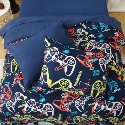 Aqzuxira Glow in The Dark Kids Comforter Set, 3 Pieces Gamepad Pattern Bedding Set Twin Size for Boys Girls Teen, 1 Comforter, 1 Pillowcase, 2 Pillow Shams Aqzuxira