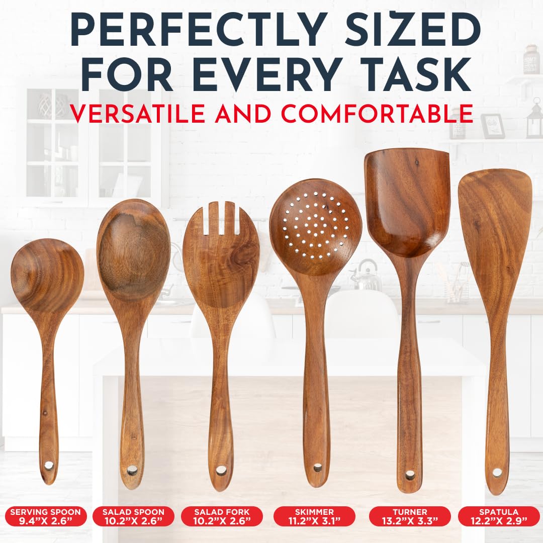 Teak Wooden Utensil Set 6-Piece - Smooth Finish Bamboo Wooden Spoons for Cooking Comfortable Grip, Non Scratch Premium Teak Wood Kitchen Utensils Set Culinary Couture