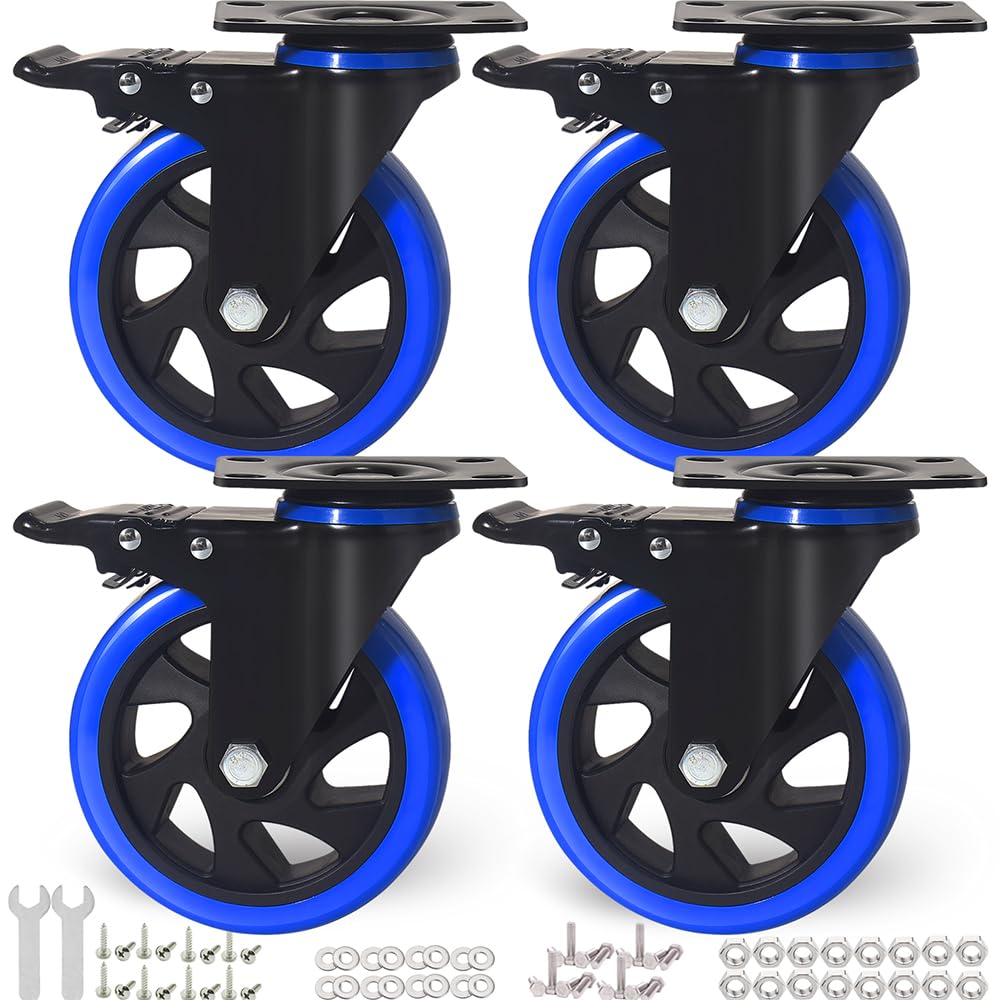 5 Inch Caster Wheels, Casters Set of 4 Heavy Duty with Brake, Safety Dual Locking Casters, No Noise Wheels with Polyurethane Foam, Load 2400LBS (Two Hardware Kits Included) ENYKE