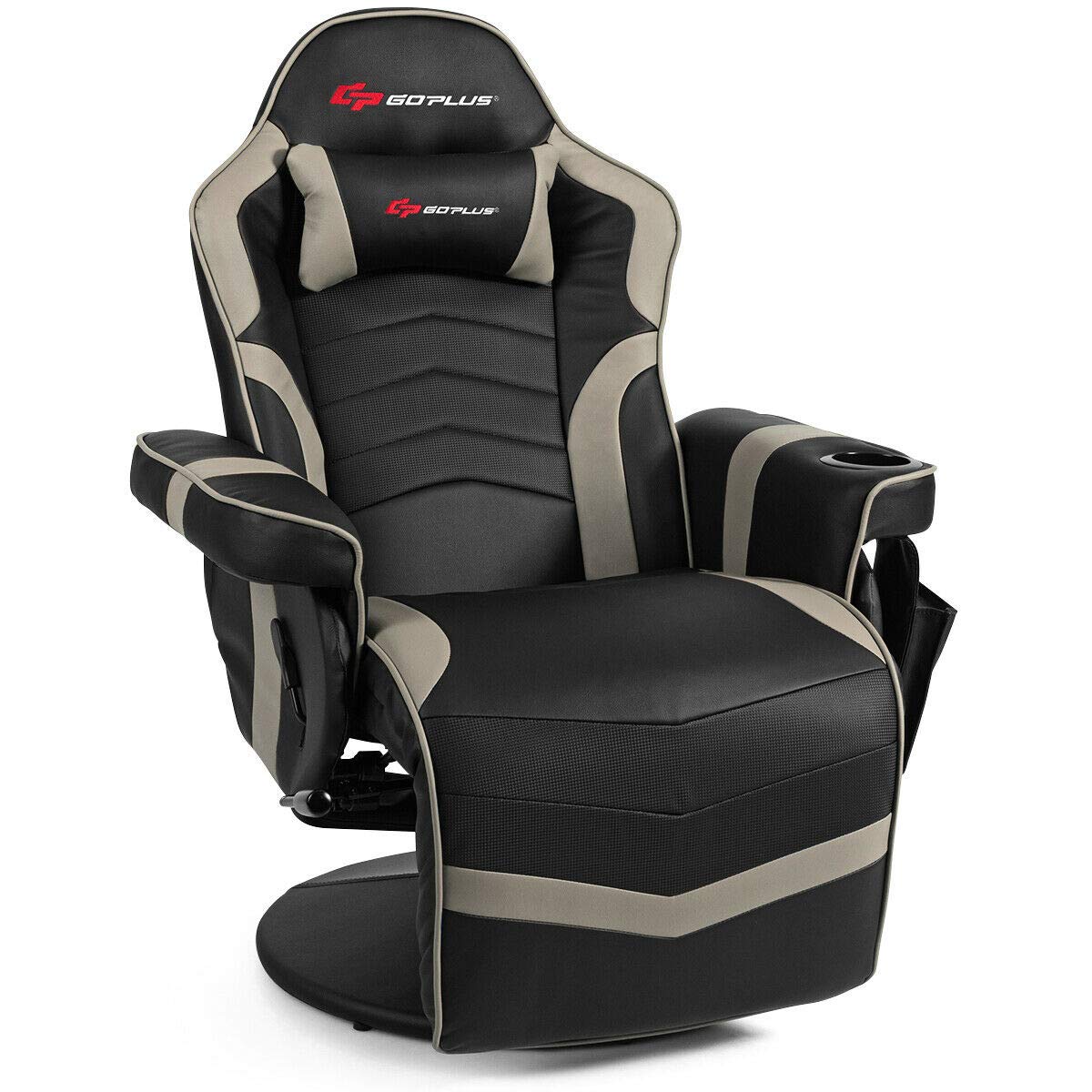 Goplus Massage Gaming Chair, Racing Style Gaming Recliner w/Adjustable Backrest and Footrest, Ergonomic High Back PU Leather Computer Office Chair Swivel Game Chair w/Cup Holder and Side Pouch Goplus