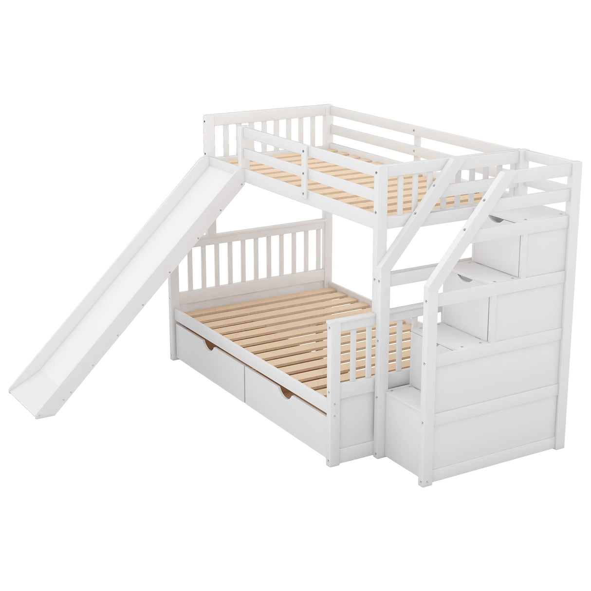Twin Over Full Bunk Bed with Stairs, Slide & Storage Drawers in White Bellemave