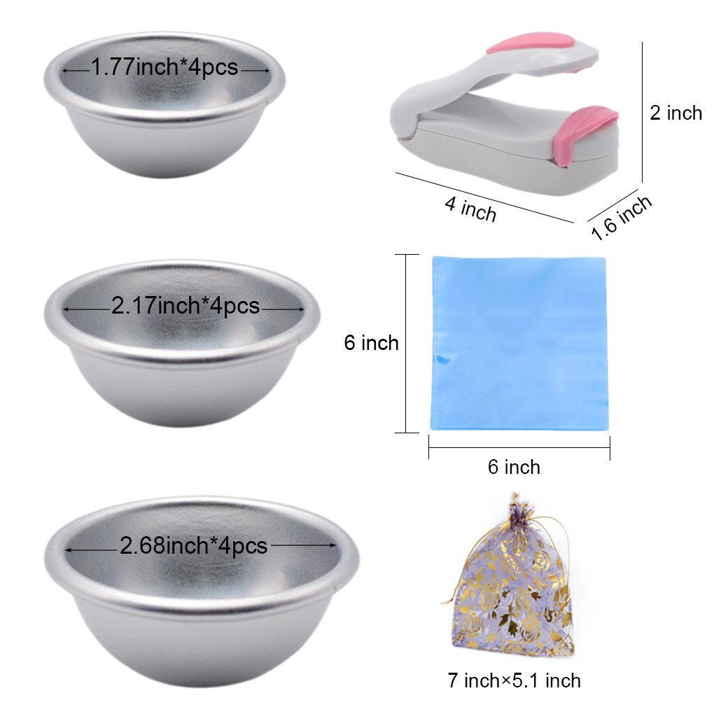 Bath Bomb Mold Set 228 Pieces - 200 Packs Shrink Wrap Bags,12 Pieces of DIY Metal Mould,Spoons,Gift Bags,Mini Heat Sealer (Instruction Included) Smarimple