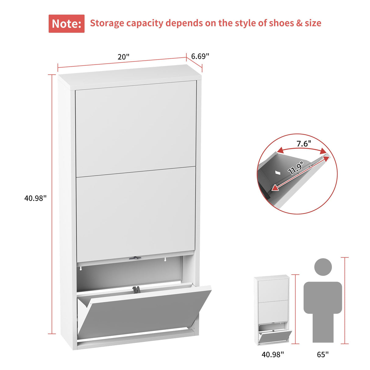 OPTYMIRA Metal Shoe Storage Cabinet with 3 Flip Drawers,White Wall Mount Slim Shoe Organizer for Entryway, Narrow Hidden Shoe Storage Rack for Hallway,Living Room, 40.98”*20”*6.69” OPTYMIRA